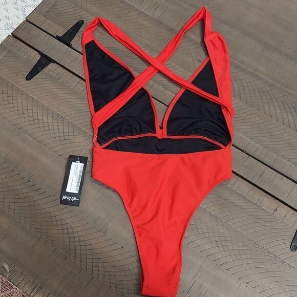 Nasty Gal Red Plunge Neck Cross Back One-Piece Swimsuit Sz 0 NWT - Picture 6 of 8